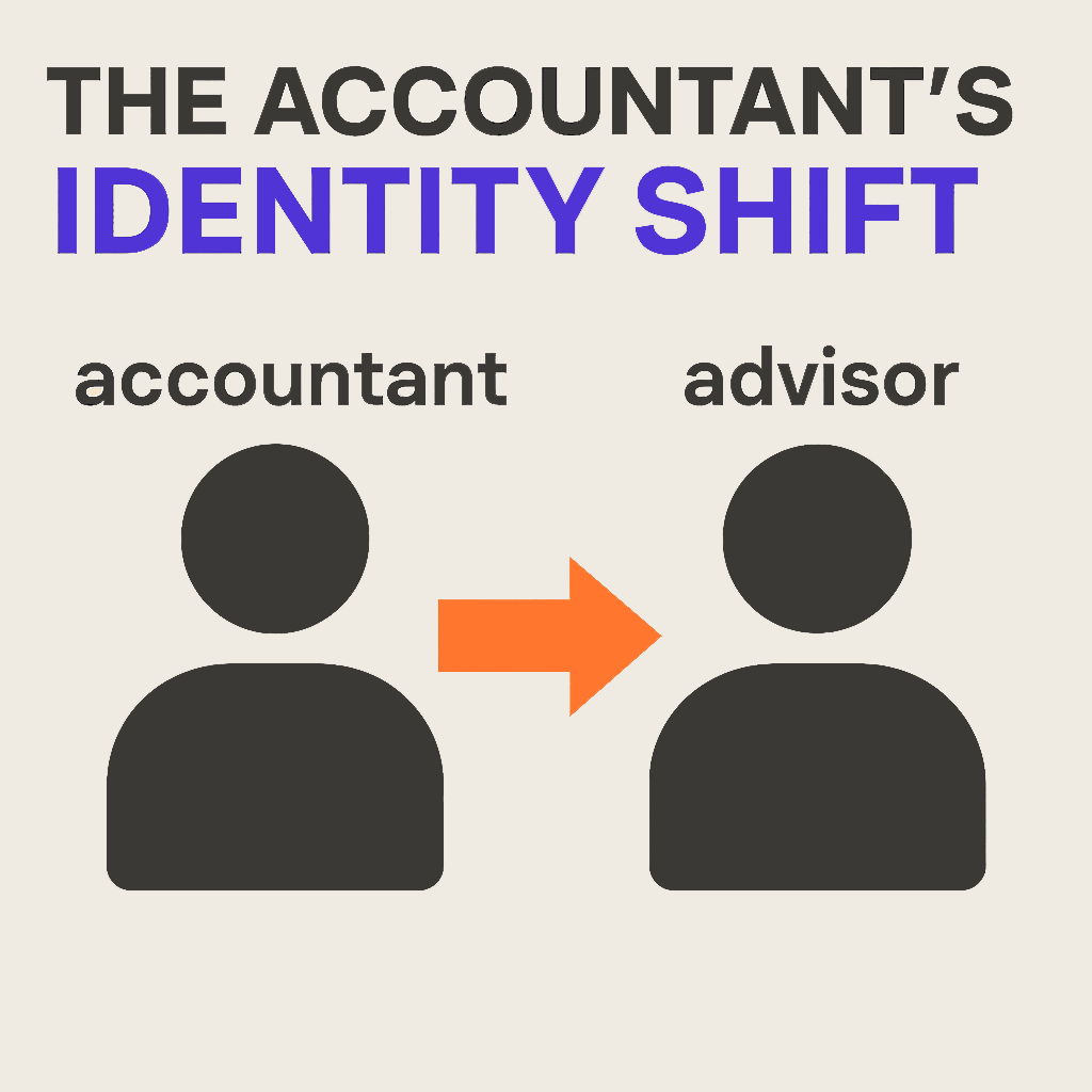 A header image reading "The accountant's identity shift" showing two people one with 'accountant' over their head and another with 'advisor over their head' with an arrow pointing from the accountant to the advisor.
